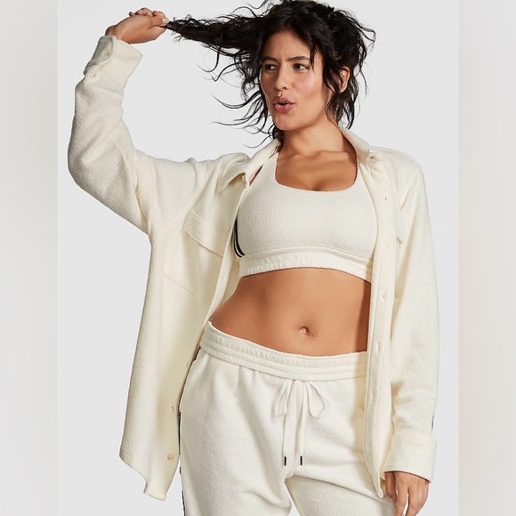 Pink Victoria Secret Cream Reverse Fleece Shacket Long Sleeve Shirt Top XL NWT - Picture 9 of 10